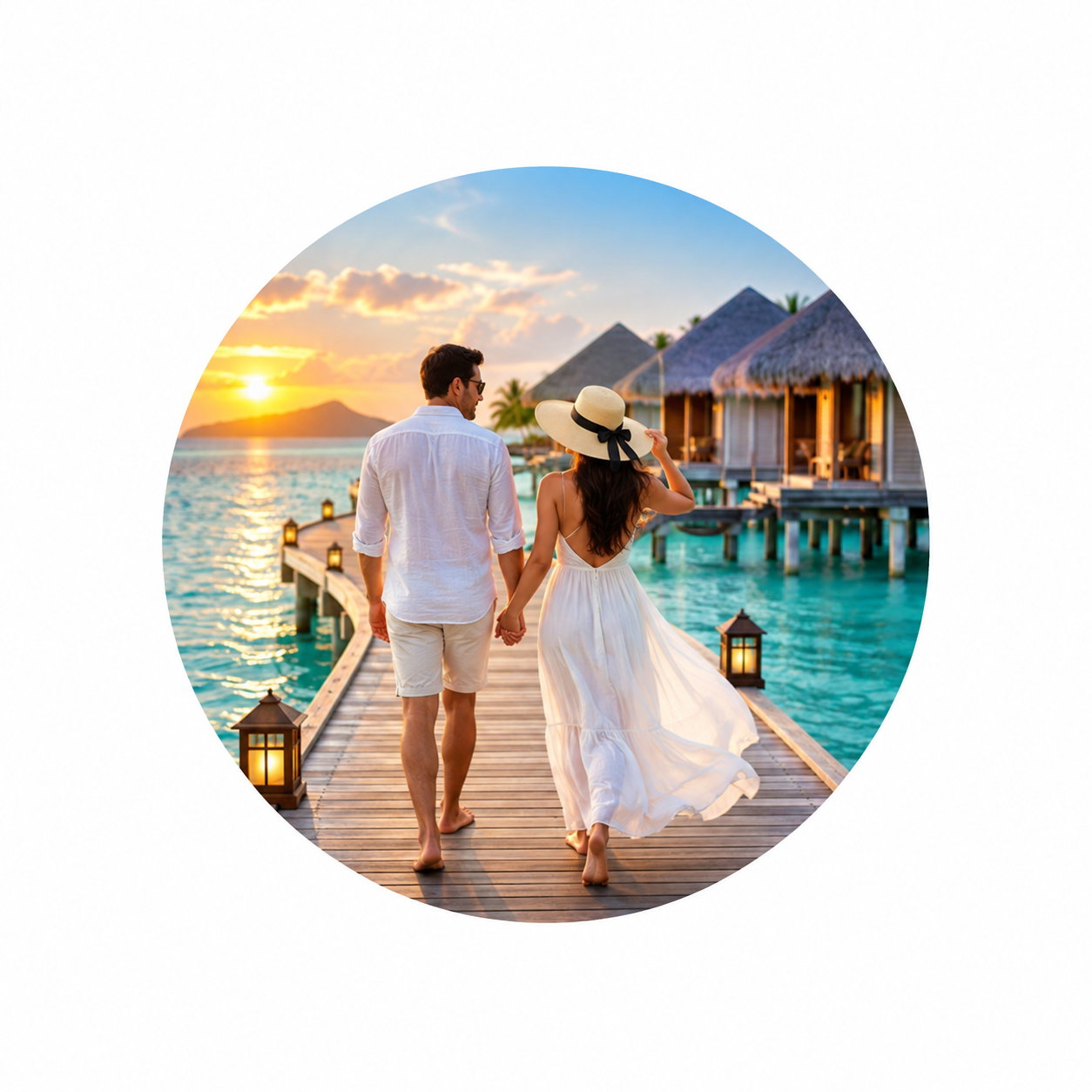 Tropical Overwater Honeymoon Stroll" – Photorealistic Editorial Portrait Prompt