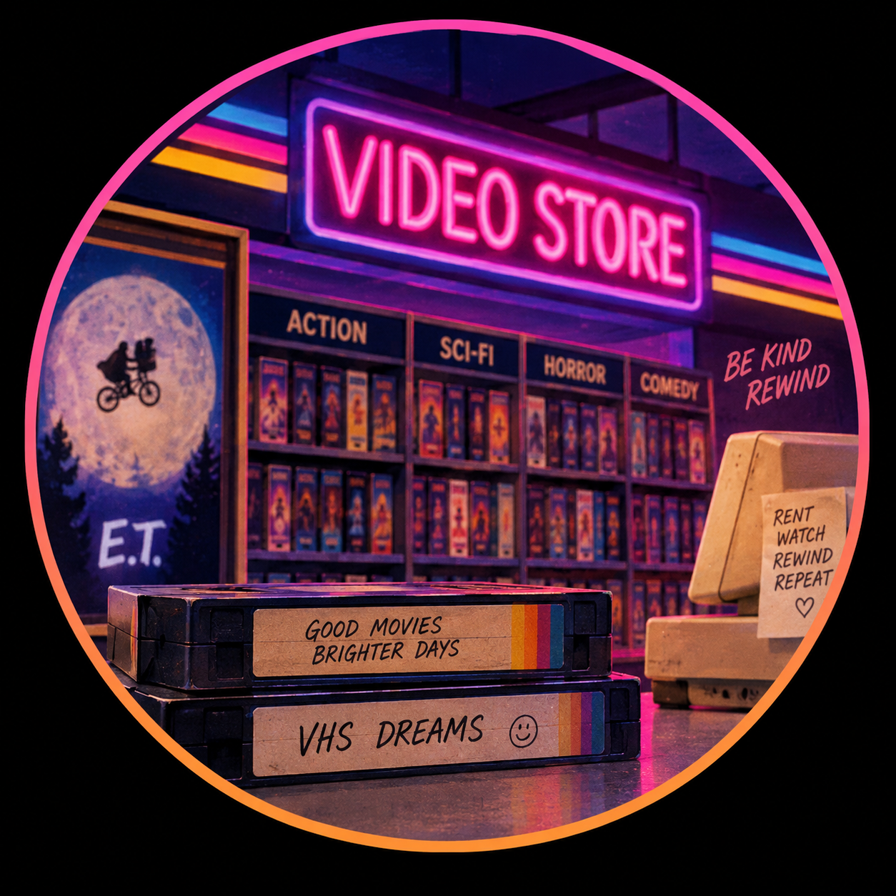 "VHS Dreams: A Nostalgic 1980s Video Store Portrait"