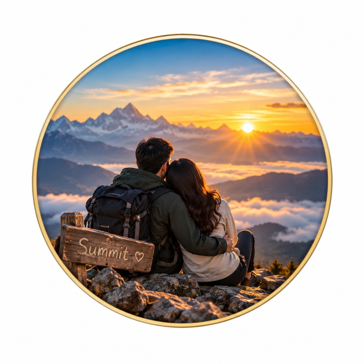 Summit Bond" — Photorealistic Adventure Couple Portrait at Sunrise