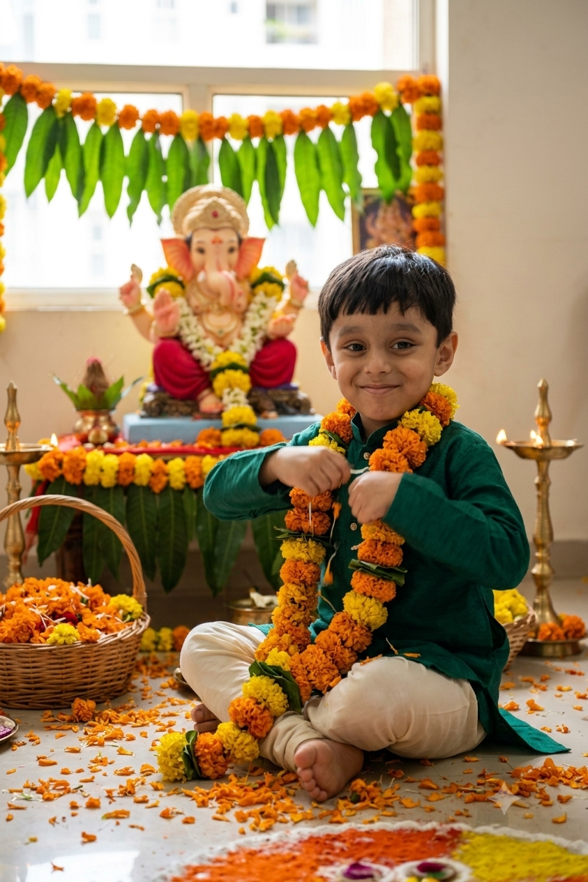 Ganpati Mandap Mischief: A Festive Candid Child Portrait Prompt