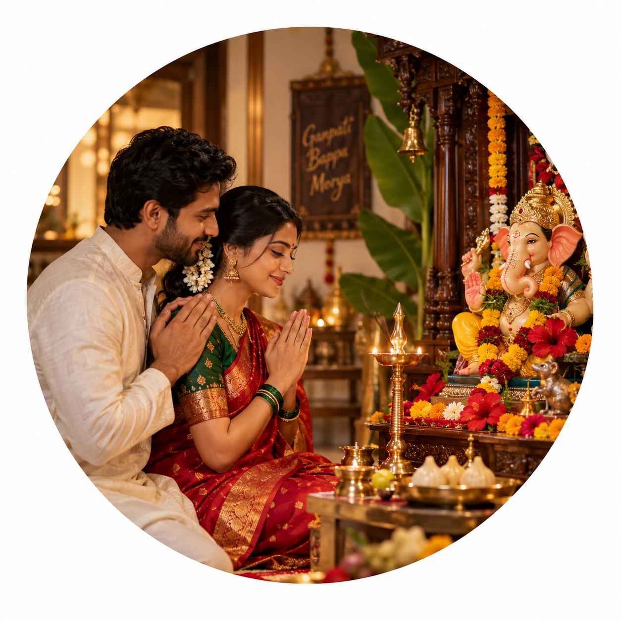 Sacred Bond — Photorealistic Ganesh Chaturthi Couple Portrait in Traditional Home Puja Setting