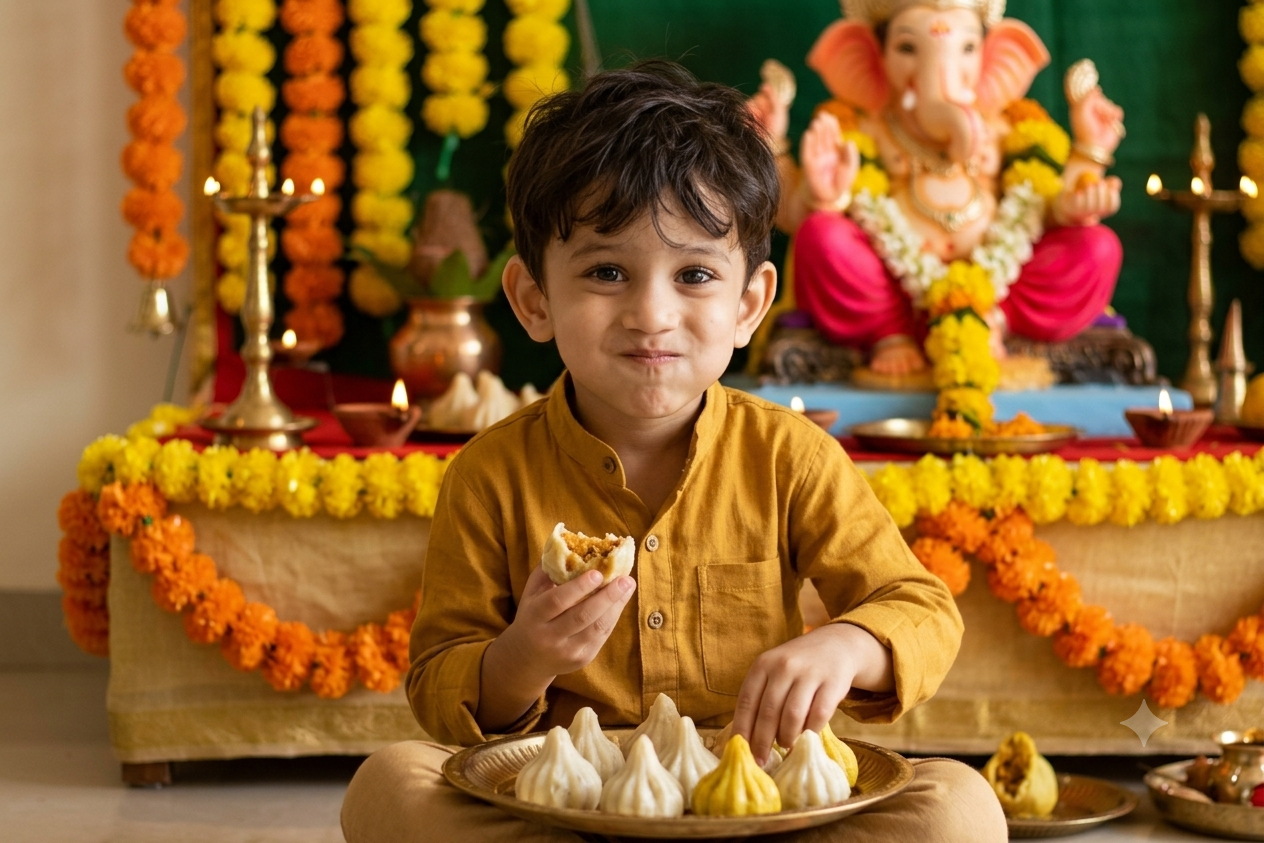 Ganpati's Little Thief" — A Festive Ganesh Chaturthi Portrait of Childhood Mischief"