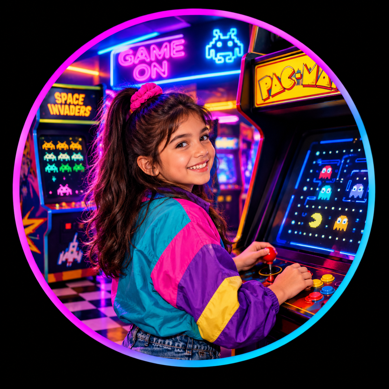 🕹️ Neon Arcade Dream — 1980s Retro Girl Portrait