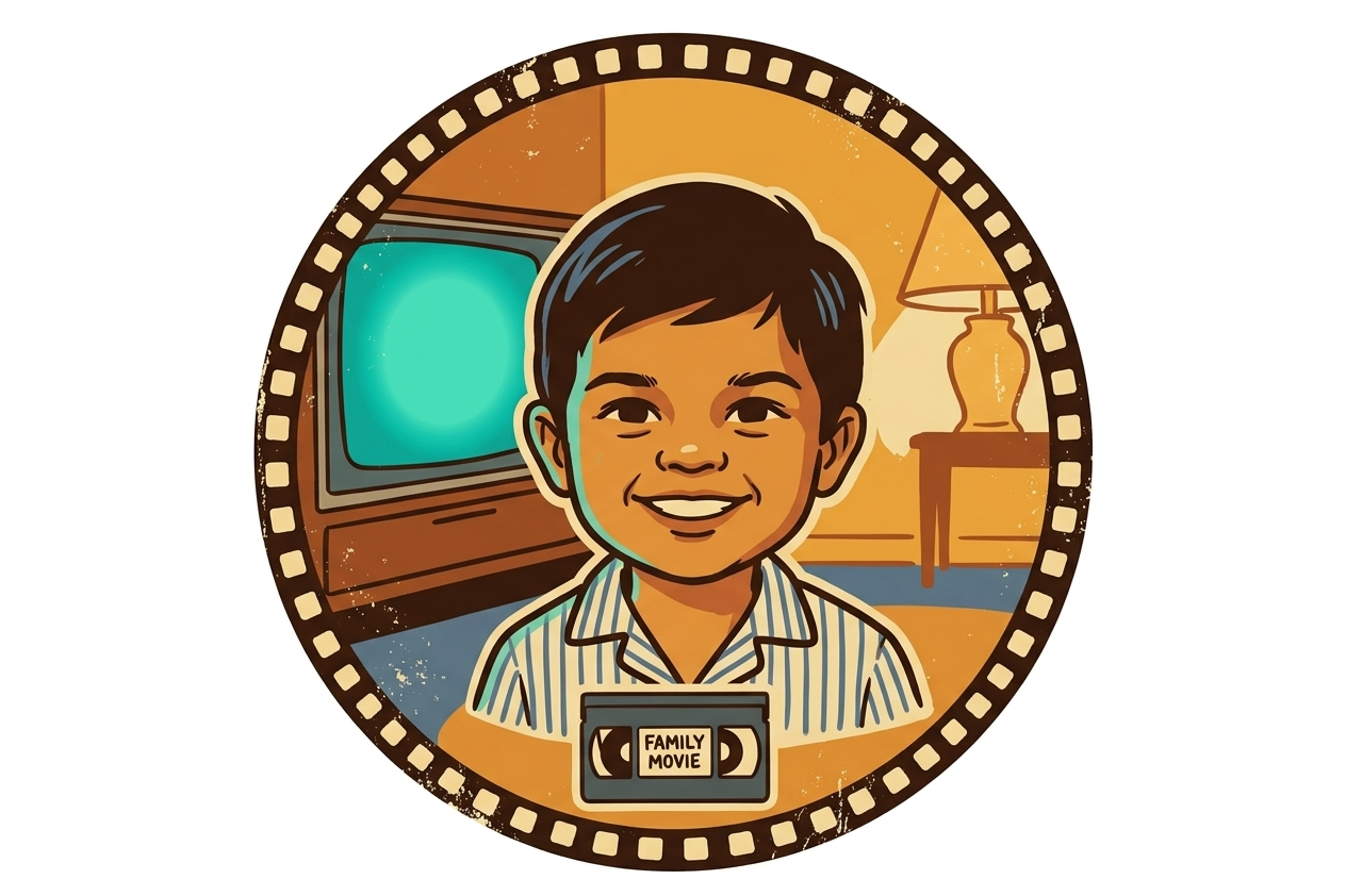 Create a warm, nostalgic 1980s home movie-night portrait using a clear reference photo of the child.