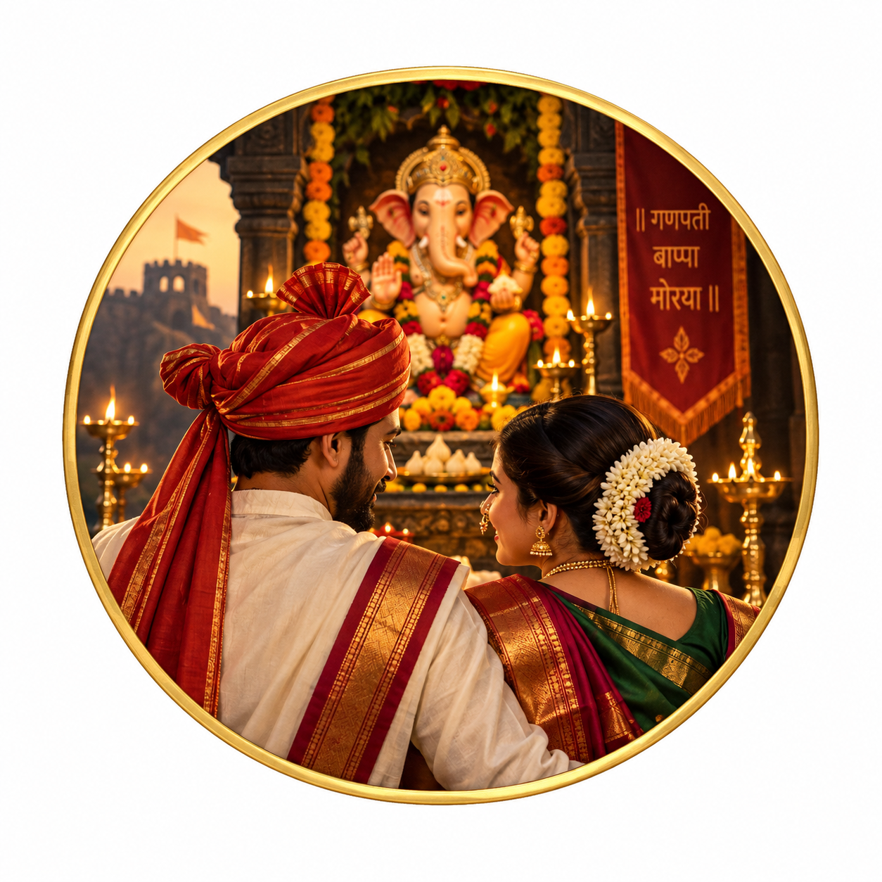 "Sacred Bond: A Royal Maharashtrian Couple Portrait for Ganesh Chaturthi"