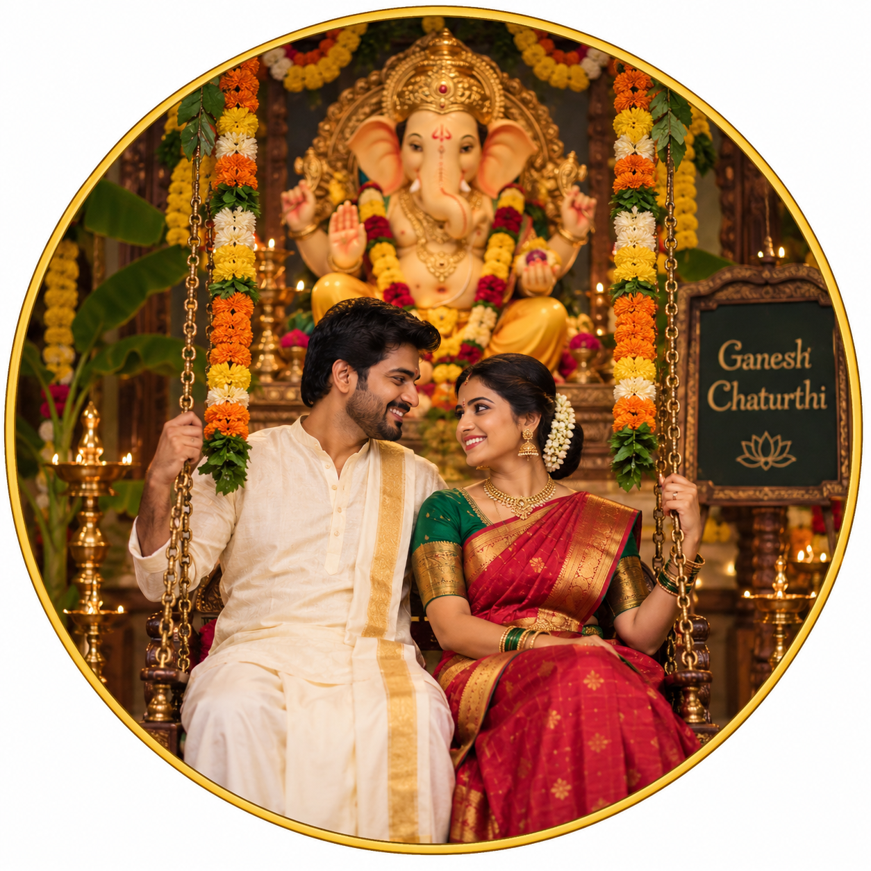 Ganesh Chaturthi Jhula Portrait — Traditional Couple Photography Prompt