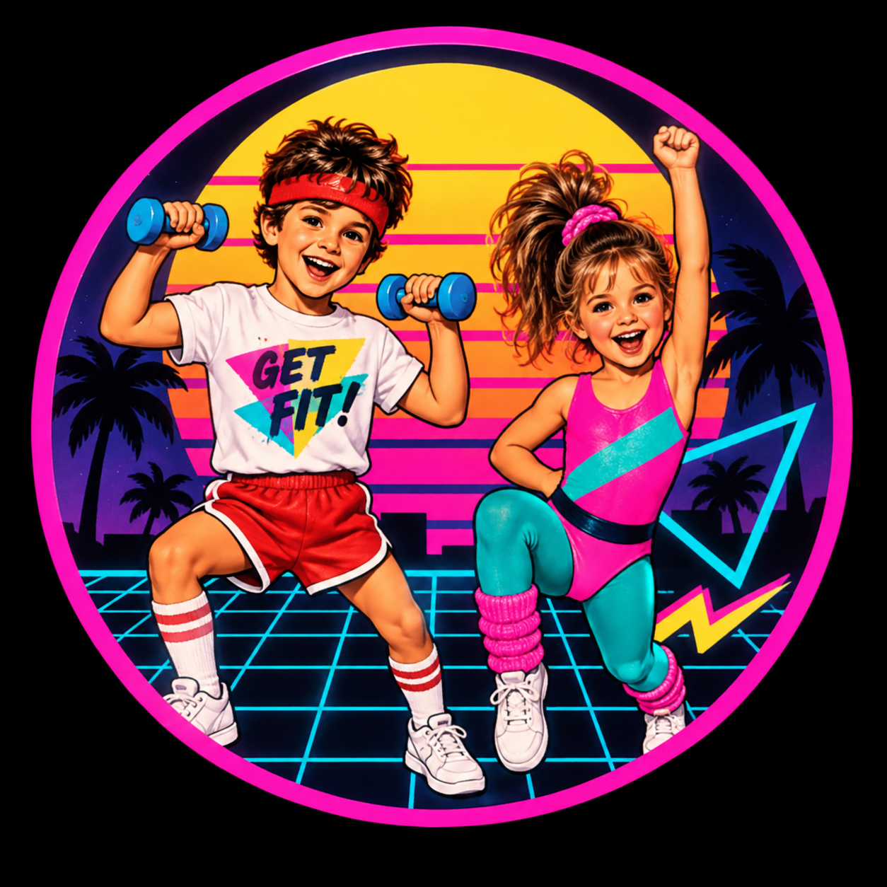 1980s Kids Fitness Portrait — Bright Retro Energy