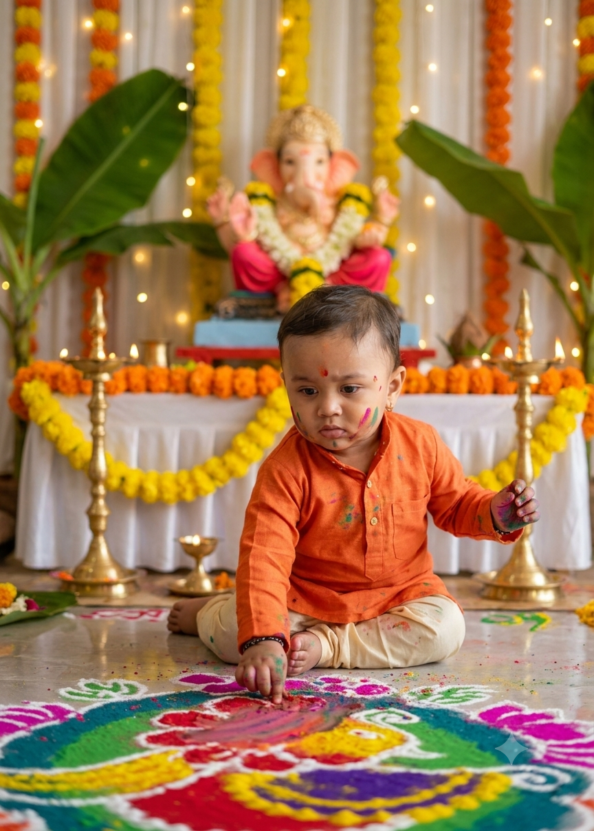 "Little Rangoli Rascal – A Ganesh Chaturthi Portrait of Innocent Mischief"