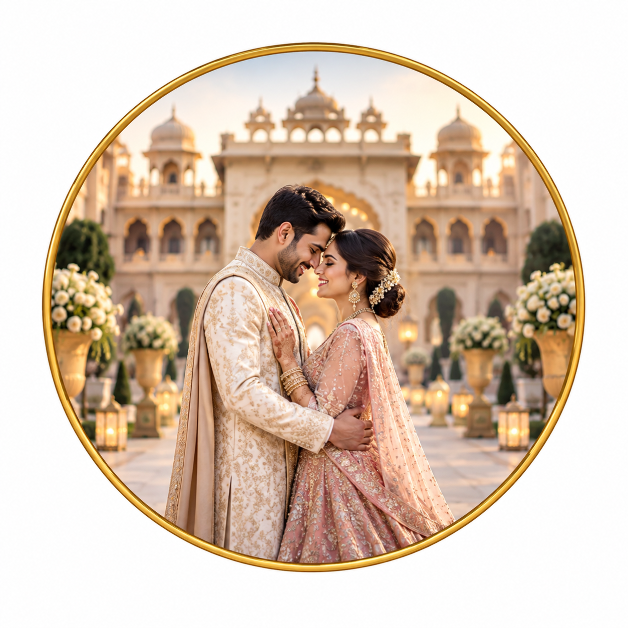 Regal Union: Grand Palace Courtyard Wedding Portrait
