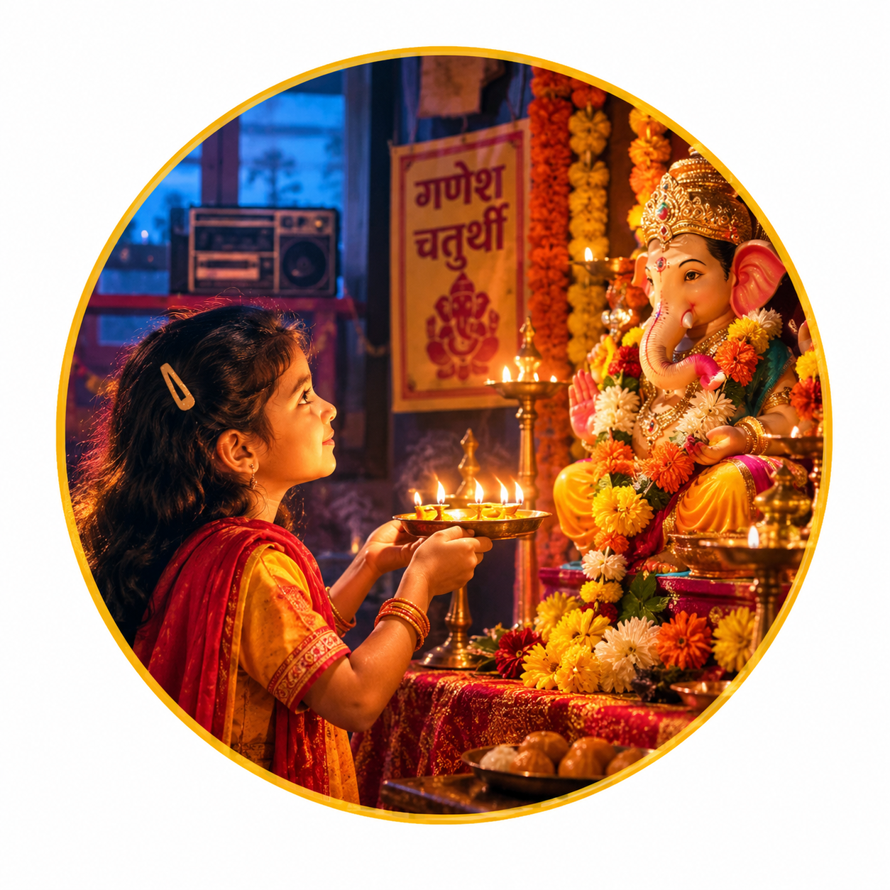 "Divine Devotion – A 1980s Ganesh Chaturthi Aarti Portrait"