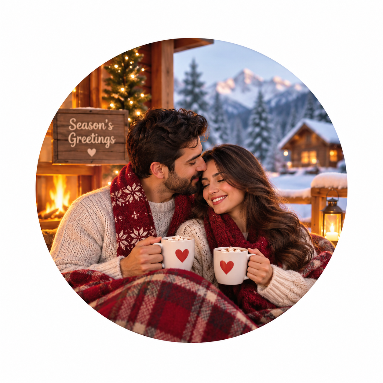 Fireside Warmth: A Personalized Winter Cabin Portrait for Couples
