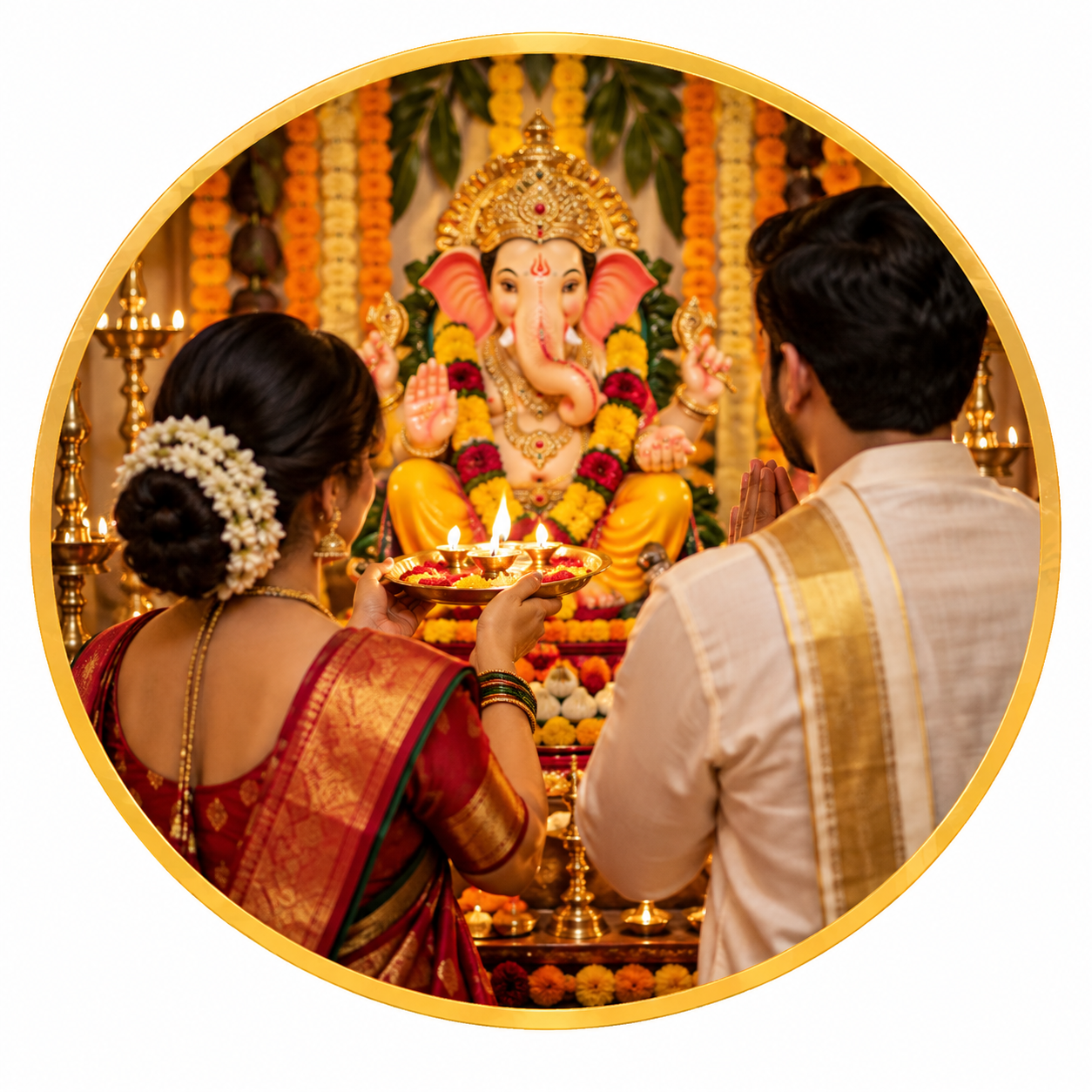Ganesh Chaturthi Aarti Portrait — Traditional Couple Photography Prompt