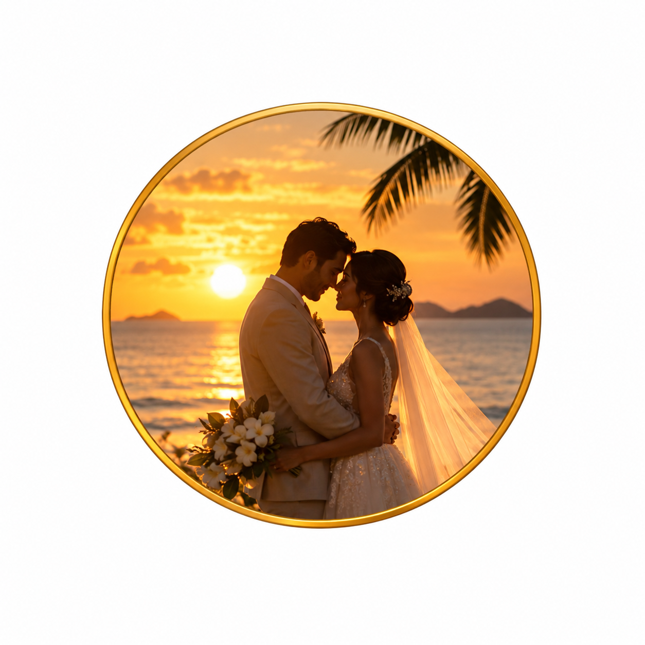 Golden Horizon Vows" — Photorealistic Tropical Sunset Wedding Portrait