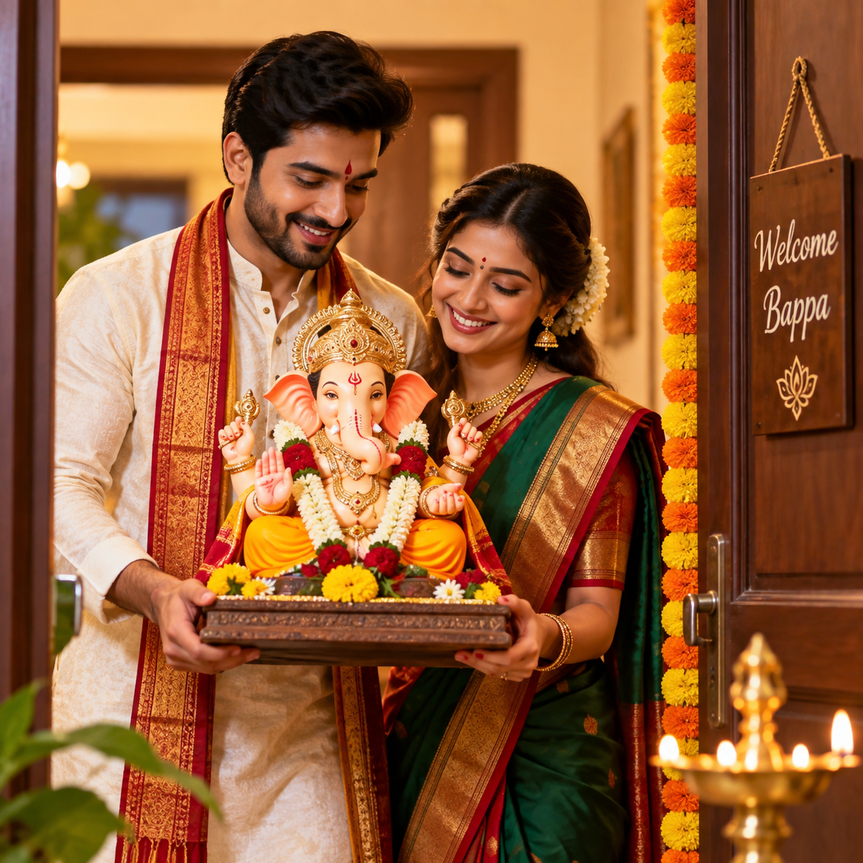 Ganesh Chaturthi Homecoming: A Couple's Festive Portrait