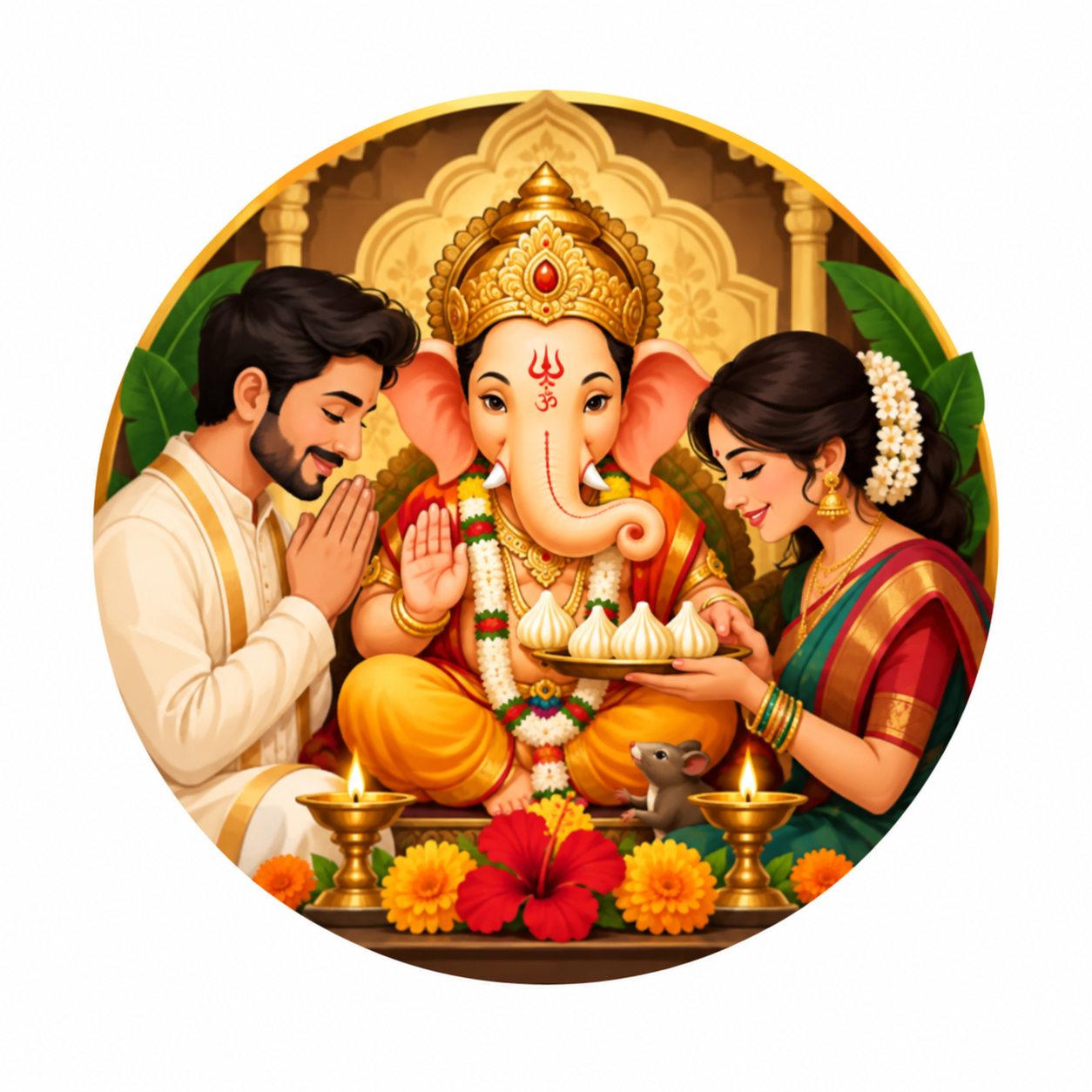 "Sacred Offering – A Ganesh Chaturthi Couple Portrait with Modak Prasad"