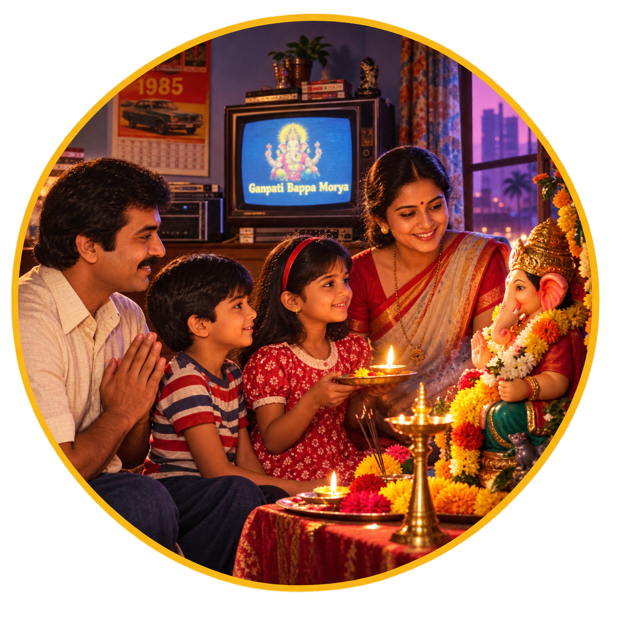 "Ganpati Bappa Morya – A Nostalgic 1980s Ganesh Chaturthi Family Portrait"